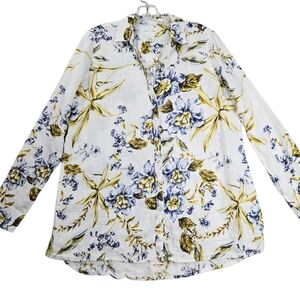 Joie‎ Medium White Floral Button-Up 100% Linen Shirt Long Roll-Tab Sleeves